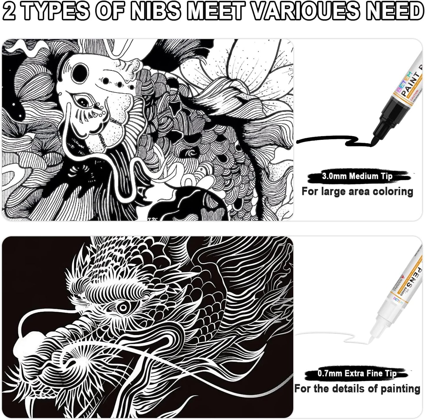 Betem 4 Count Dual Tip Oil Based White Black Paint Markers Pens(0.7mm & 3mm), Permanent Paint Marker, Waterproof, Quick Dry, for Rock Painting, Wood, Plastic, Metal, Canvas(2White 2Black)