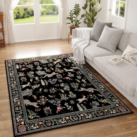 Rugcomf Area Rug 4x6 Rug Washable Boho Rugs Non Slip Low Pile Floral Animal Small Carpet for Bedroom, Bedside, Kids Room, Office, Dining Room (Black)