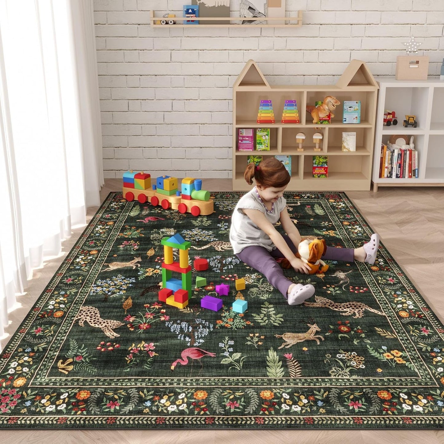 Rugcomf Living Room Rug 5x7 Rug Machine Washable Boho Area Rug Non Slip Floral Animal Vintage Low Pile Large Rugs for Living Room, Bedroom, Farmhouse, Dining Room, Kids Playroom (Green)