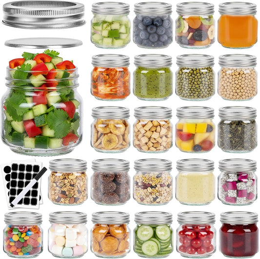 8 oz Glass Mason Jars, 24 Pack Clear Glass Jars with Regular Lids, Canning Jars for Honey, Yogurt, Wedding Favors, Food Storage, Vegetables, Includes 40 Black Labels