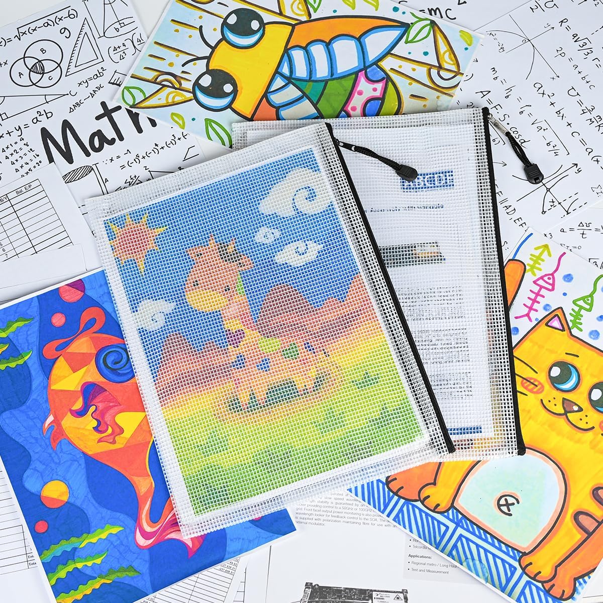 AUSTARK 20 Pcs Zipper File Bags, Plastic Mesh Pouch, Board Game Storage Bag, Waterproof Bags for Office School (A4 Size 13.4''x9.4'', White and Black)