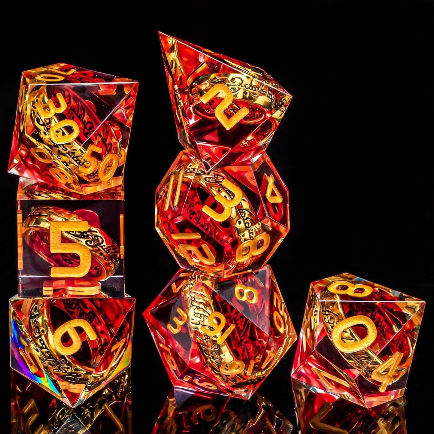 OUKELANWO Magic Lord Rings DND Dice Set with Box, 7Pcs Resin LOTR D&D Dice Set for Role Playing Game, Red Gold Dungeons Dragons D and D Sharp Edge Dice D20 D12 D10 D8 D6 D4