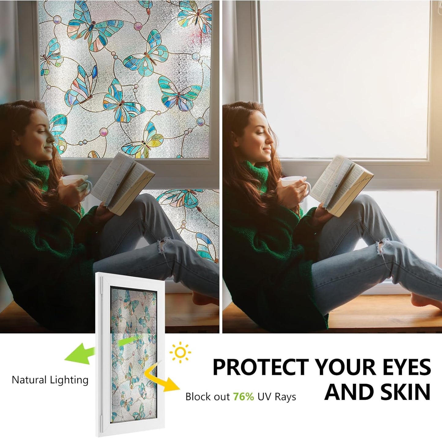 3D Stained Glass Window Film, Decorative Window Privacy Film for Bathroom,Front Door,Home, Sun Blocking Heat Control,Static Cling,Butterfly, 23.6inch x 35.4inch