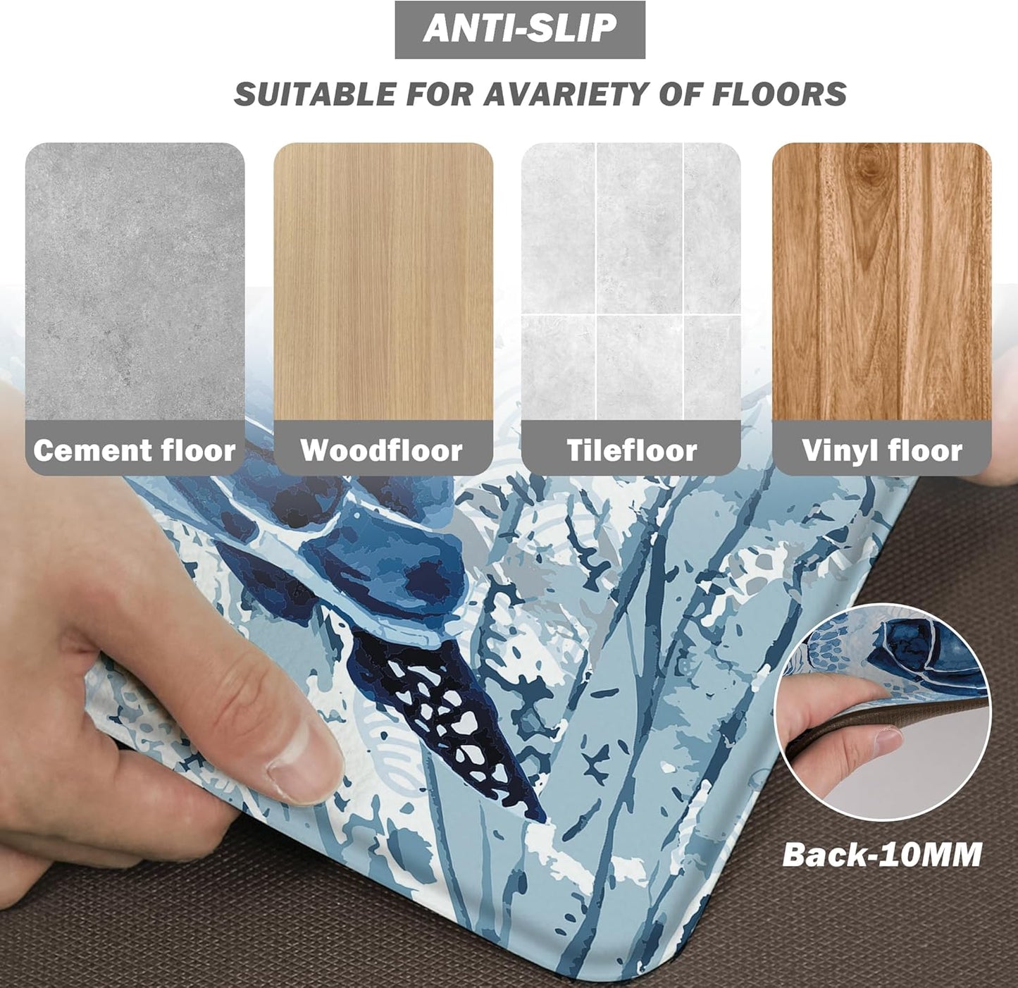 Coastal Beach Kitchen Floor Mat Rugs Nautical Decorative Coral Sea Turtle Kitchen Rugs Anti Fatigue Mats Non-Slip Comfort Standing Cushioned for Kitchen 17.3" 28" + 17.3" x 47" Set 2 Pcs Navy Blue