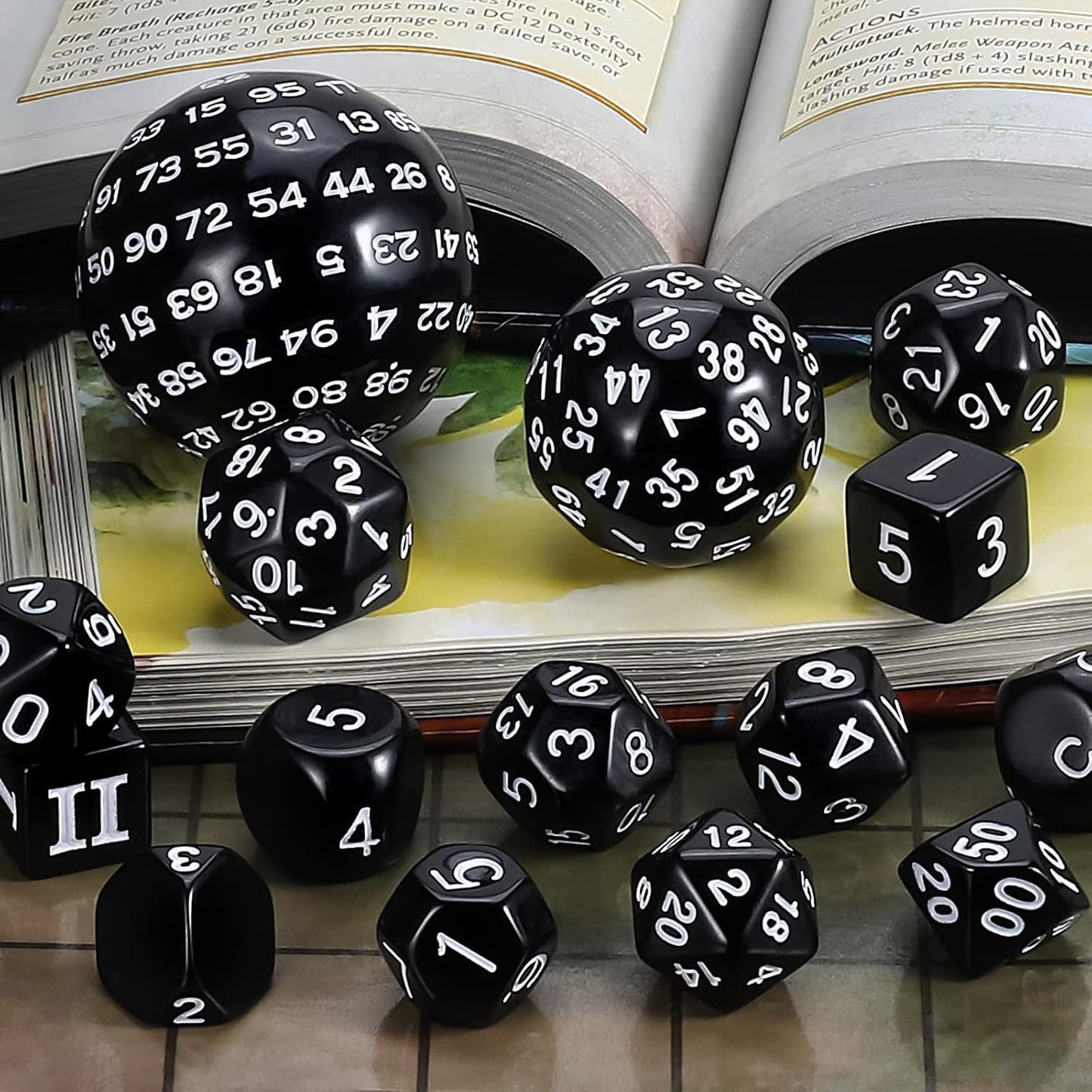CiaraQ DND Polyhedral Dice Set (15pcs) D4-D100 Game Dice with Dice Bag for Dungeons and Dragons Role Playing Table Games (Black & White)