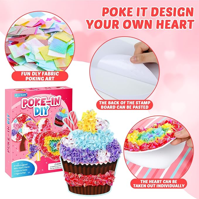 8PCS Poke-in Craft and Art Kit Heart Monster Dessert No-Mess Fabric Sewing Art Puzzle Puncture Painting Toy Gift Mom Valentine Creative Activity Game Birthday Party