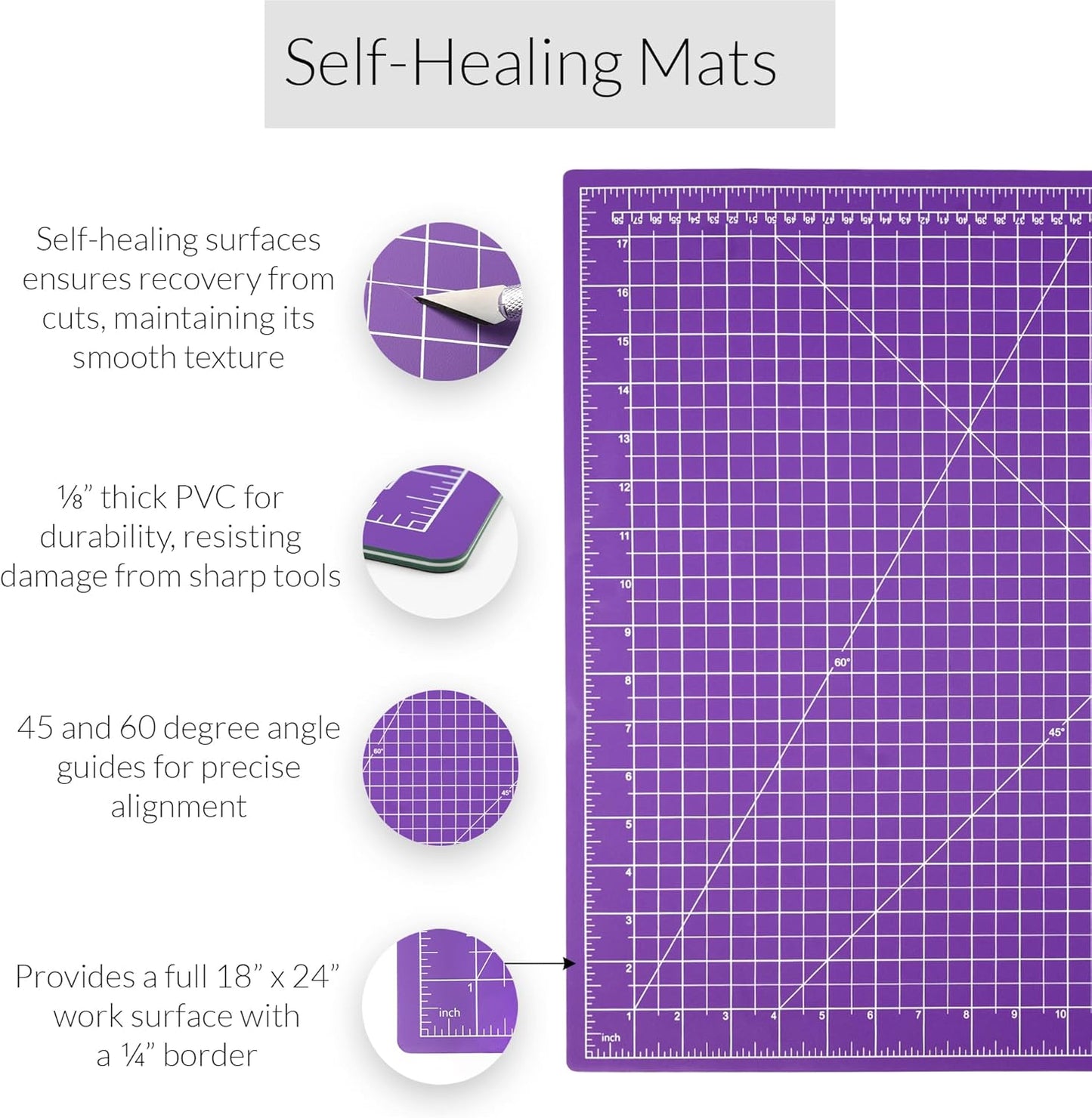 Breman Precision 18x24 Inch Self Healing Cutting Mat - 2-Sided 5-Ply PVC Purple/Gray Cutting Mats for Crafts, Sewing, Quilting and DIY Projects - Durable and Non-Slip Design with Precise Grid Lines