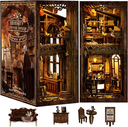 DIY Book Nook Kit 3D Puzzles for Adults Miniature House Kit Wooden Bookends Booknook Bookshelf Insert Decor with LED Lights Wood Crafts Gifts for Book Lovers - Serenity Coffee House