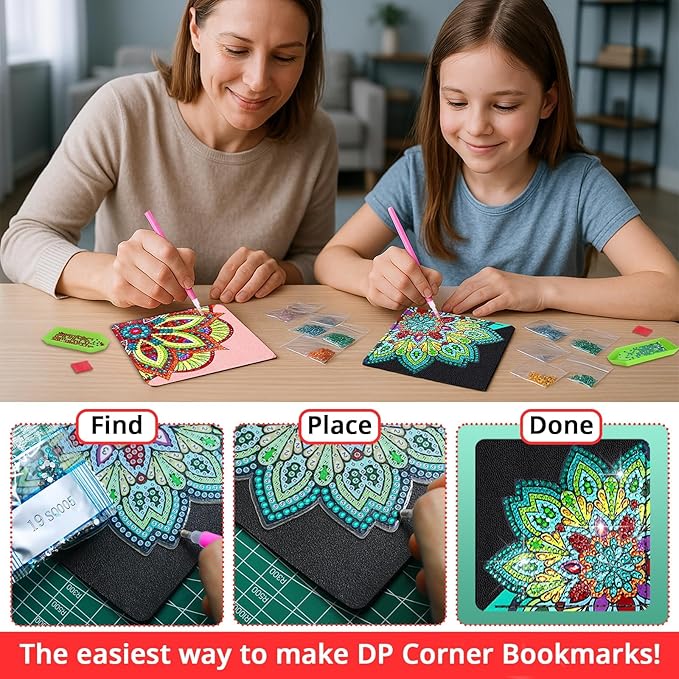 8 PCs Diamond Art Corner Bookmarks Leather Dimond Painting Book Mark Kit for Adults Paint by Dots Bookmarkers Craft DIY Gem Small Dotz Gifts for Women Mandala Flower Pink Lotus