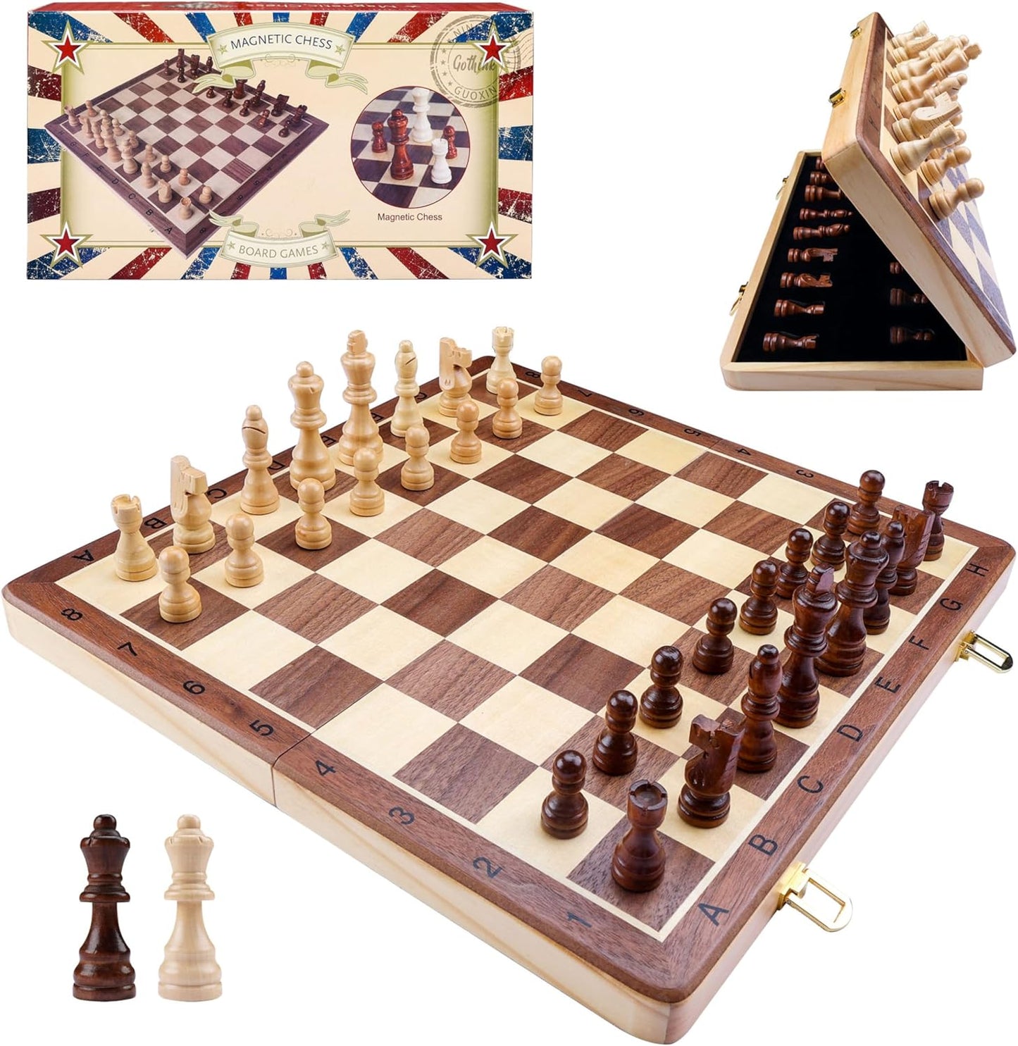 Gothink Magnetic Wooden Chess Board Set with Manual for Adults Kids 15 Inch Chess Puzzle with 32 Wood Handmade Pieces Folding Portable Travel Unique Chess Game for Tournament Professional Beginner