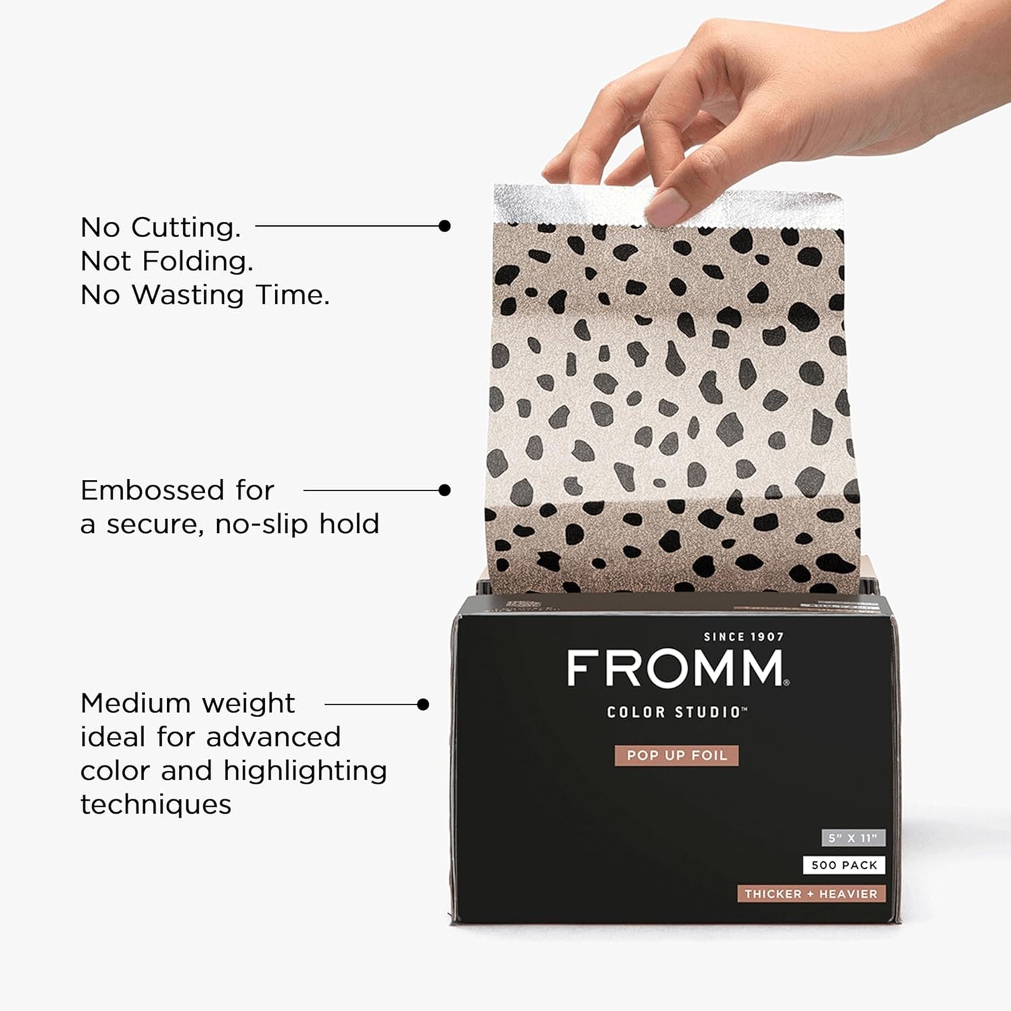 Fromm Embossed Pop Up Foils in Cheetah Print, Foil for Hair Highlighting, Cosmetology Supplies, Hairstylist Essentials, Hair Foils Ideal for Advanced Coloring, Precut, 5" x 11", 500 Foil Sheets