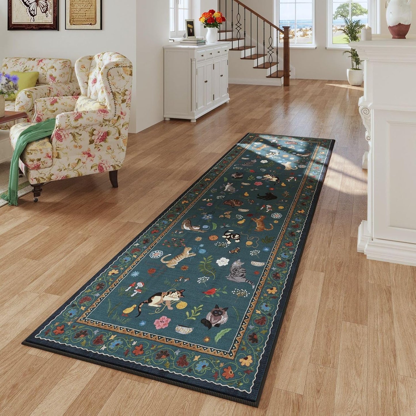 Rugcomf Runner Rug for Kitchen Non Slip 2'6''x8' Washable Rugs with Rubber Backing Soft Floral Animal Cat Carpet Runner for Kitchen Laundry Bedroom Bathroom, Pearl Gentian Blue