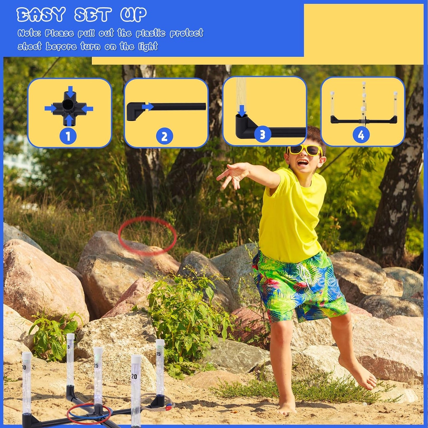 YEEA LED Ring Toss Game for Kids, Adults | Glow in The Dark LED Outdoor Yard Games | Perfect for Camping, Beach, and Backyard Family Gatherings