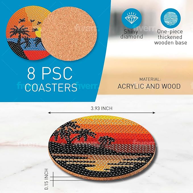 8 pcs Diamond Painting Coasters | Diamond Art Coasters | Sunset Diamond Art Painting | Perfect Art Craft Gift for Sunset Lover, Dad, Mom, Grandparents, Brother, Sister.