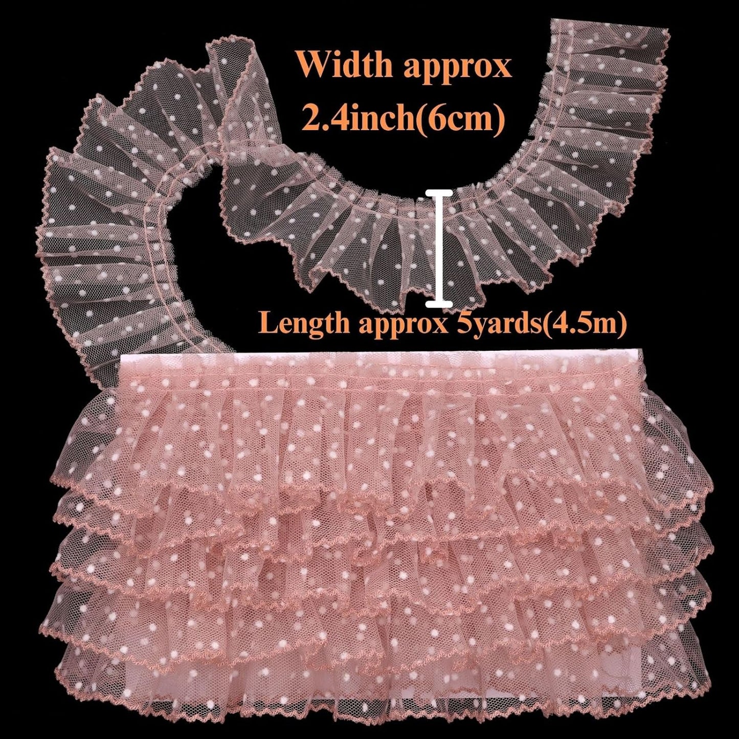 Dots Lace Ruffle Trim for Sew, Crafts 2.4" x5yd Single Layer Pleated Edge Lace Ribbon (Shellpink)