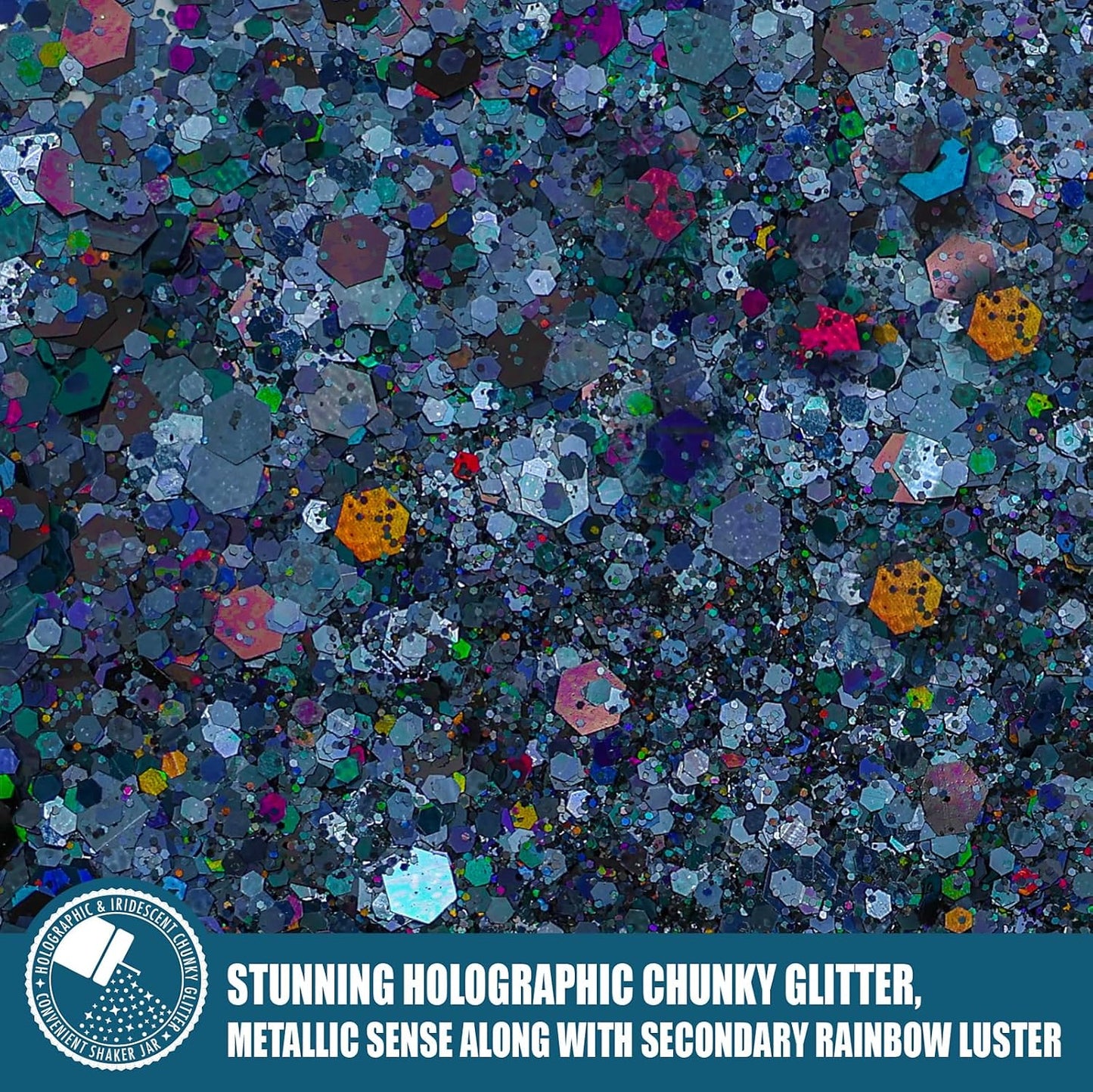 Laser Black Chunky & Fine Iridescent Glitter Mix, 160G/5.64OZ - Cosmetic Glitter for Nail, Hair, Makeup, Body & Tumbler - Bulk