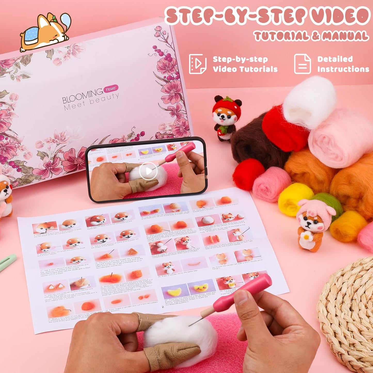 UOOU Needle Felting Kit for Beginners, Wool Felting Kit with 6 Pcs Colorful Needle Felting Needles and Instructions, Wool Felting Supplies for Adults