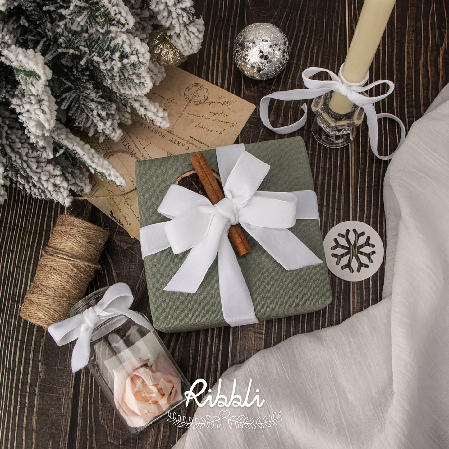 Ribbli Polyester White Velvet Ribbon,3/8 Inches Continuous10-Yard Spool,Christmas Ribbon for Gift Wrapping,Floral Bouquets, Home Decor