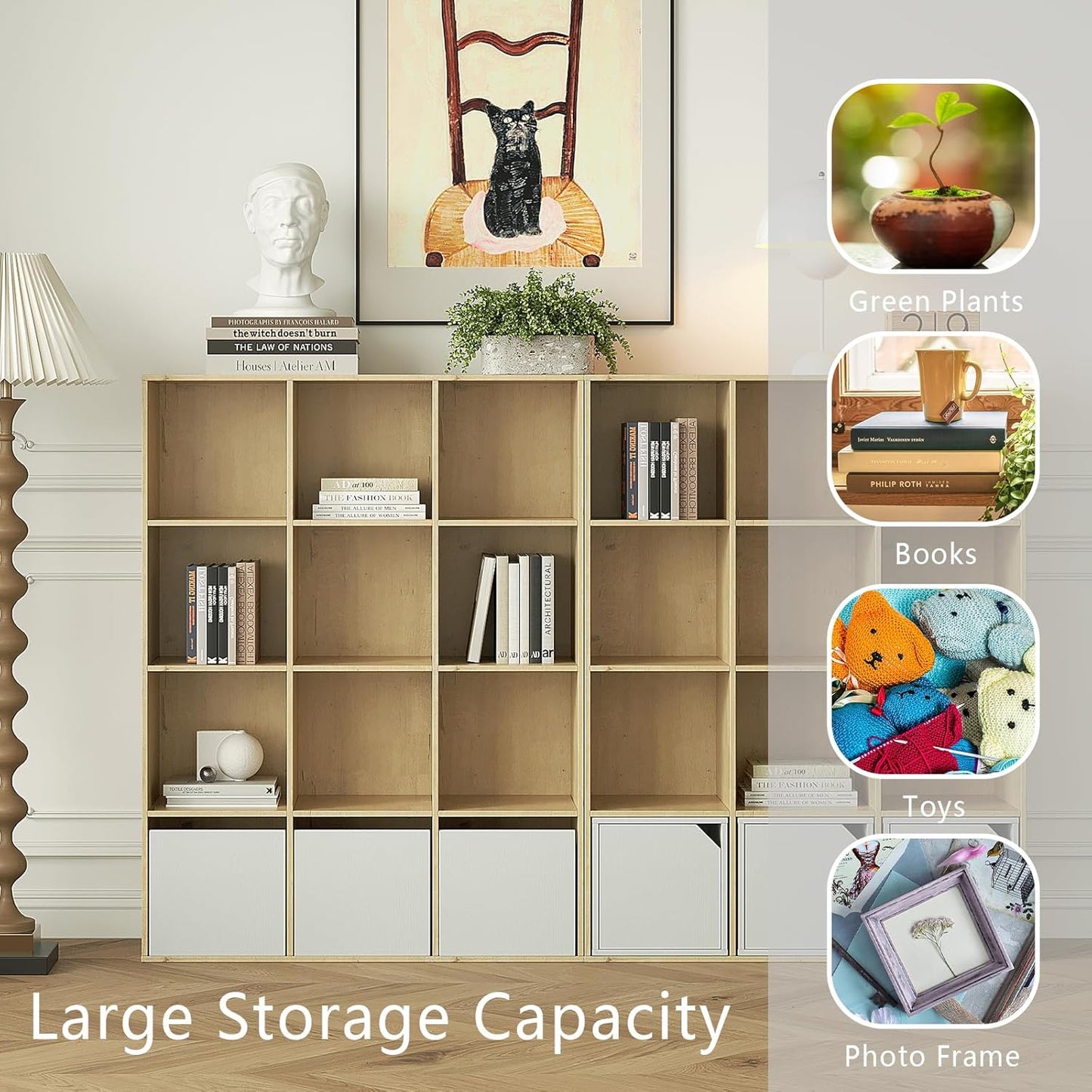 Wooden 12-Cube Storage Organizer with Closed Back Panel, 11in Cube Shelf Opening, Bookshelf, Display Shelf,Closet Cabinet for Home and Office,White Oak