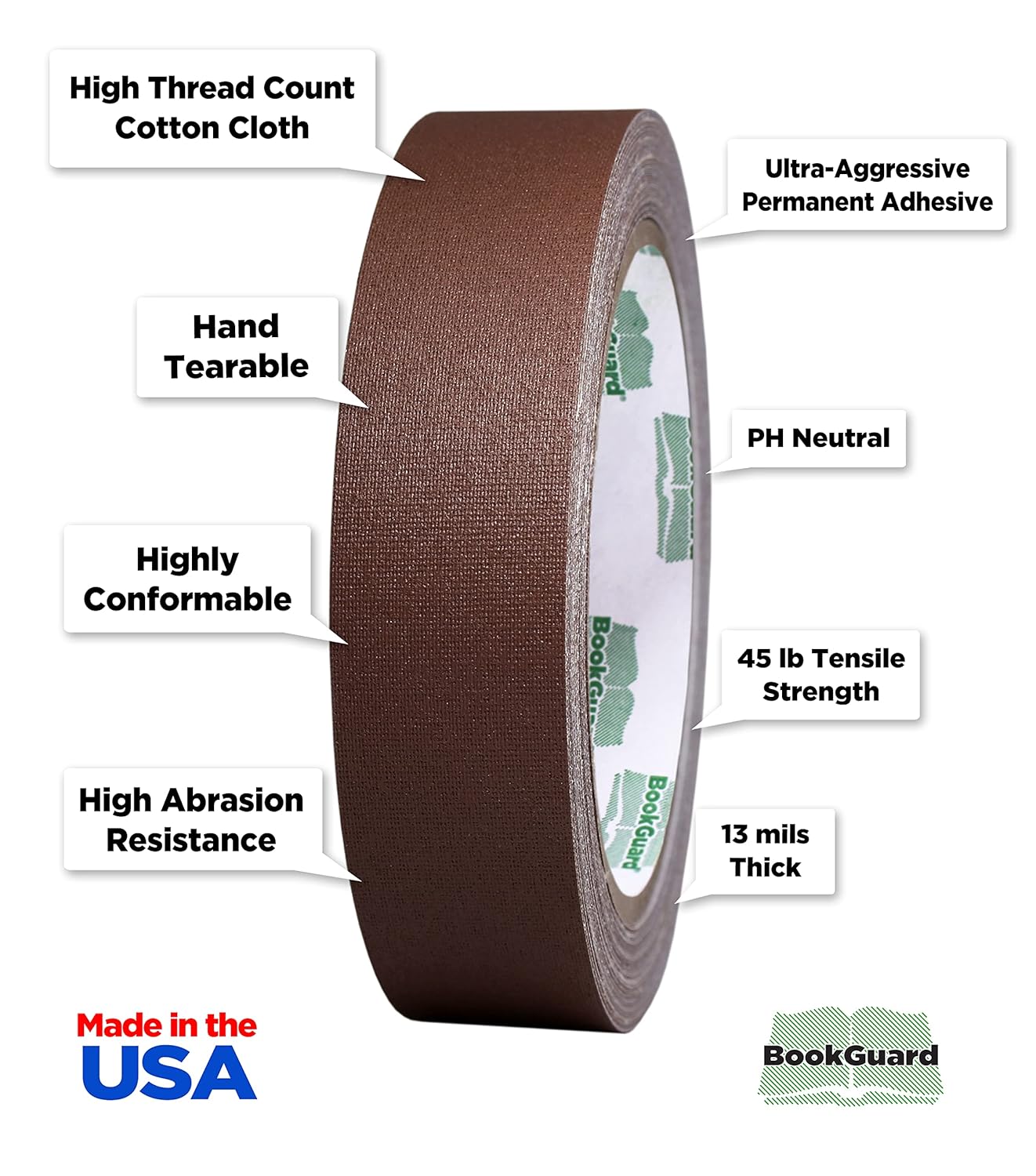 BookGuard 1 inch Premium Bookbinding Repair Cloth Tape, 15 Yards per Roll, Brown