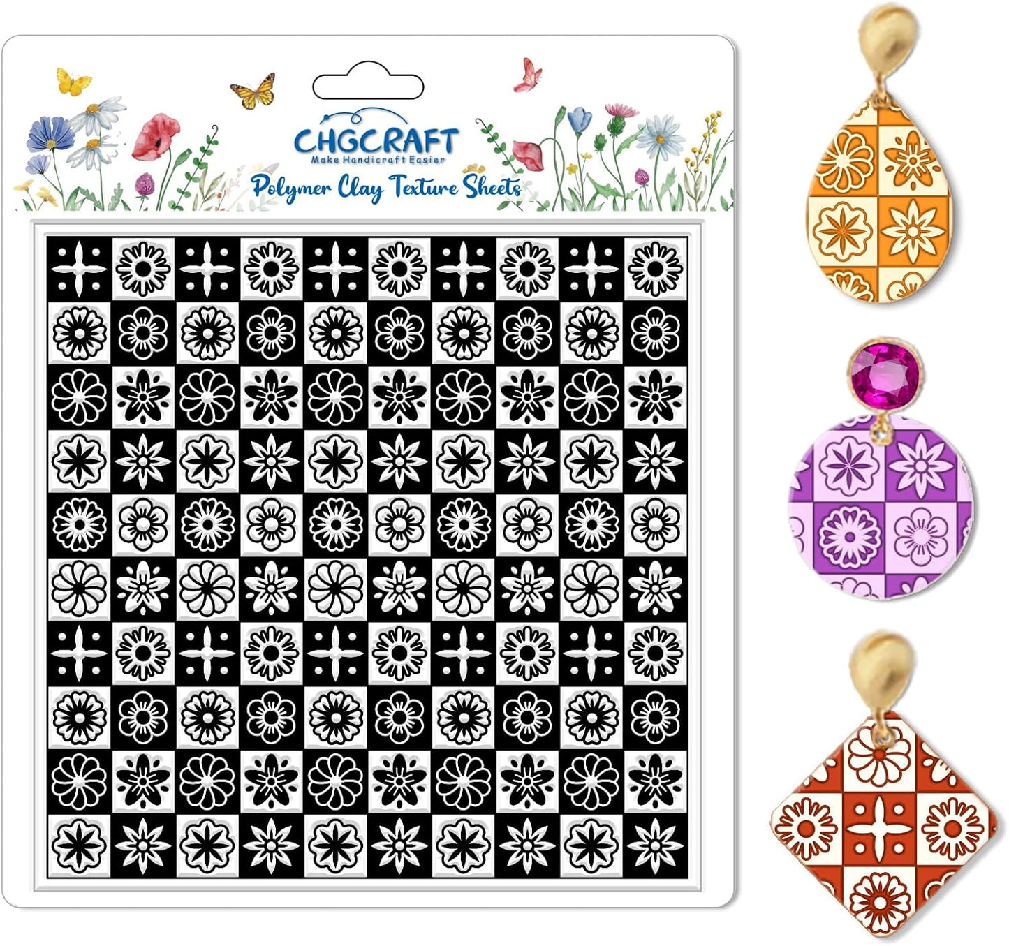 CHGCRAFT Lattice Pattern Polymer Clay Texture Sheets Geometric Flowers Silicone Texture Stamp Clay Texture Mat Modeling Pattern Pad Sheets for Jewelry and Earrings Tools, 5.5x5.5 inch