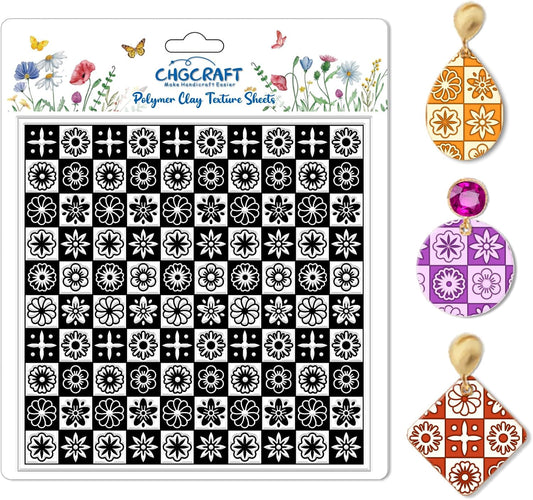 CHGCRAFT Lattice Pattern Polymer Clay Texture Sheets Geometric Flowers Silicone Texture Stamp Clay Texture Mat Modeling Pattern Pad Sheets for Jewelry and Earrings Tools, 5.5x5.5 inch