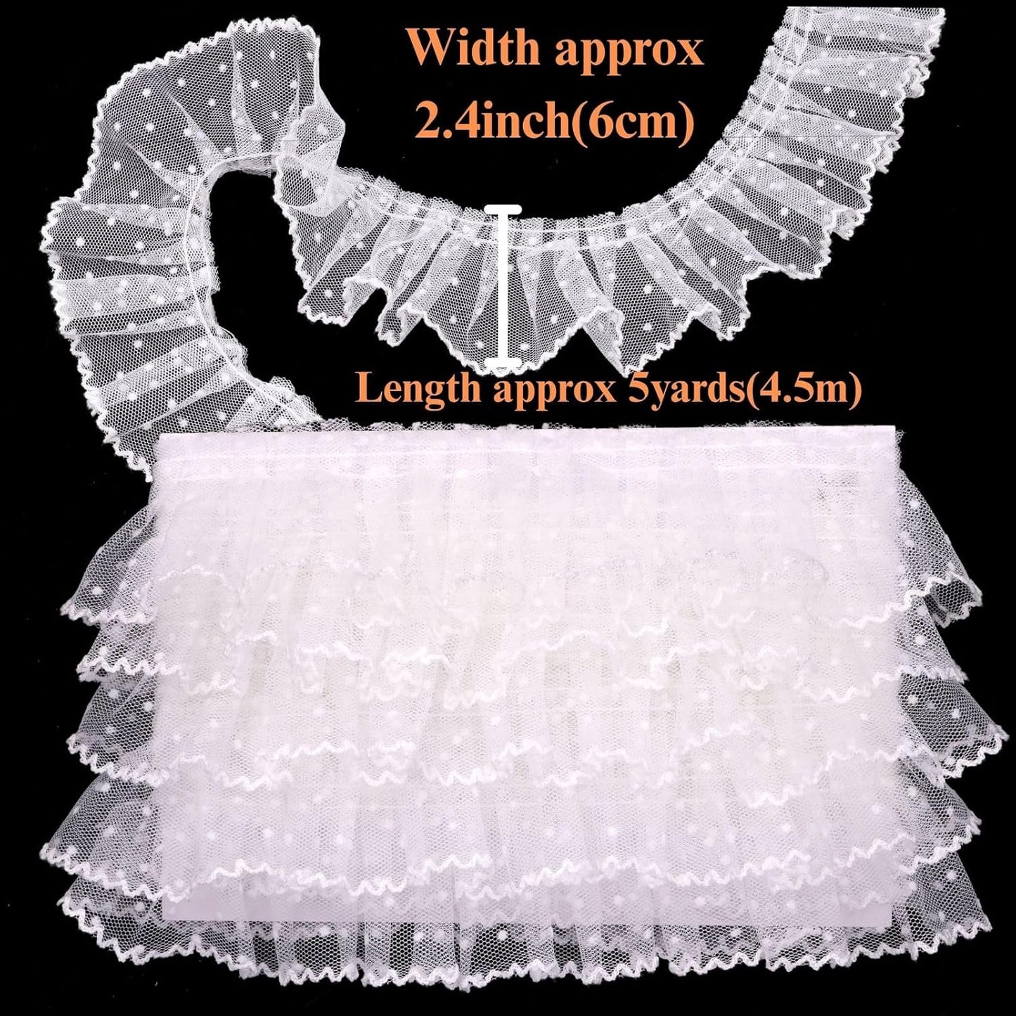 Dots Lace Ruffle Trim for Sew, Crafts 2.4" x5yd Single Layer Pleated Edge Lace Ribbon (White)