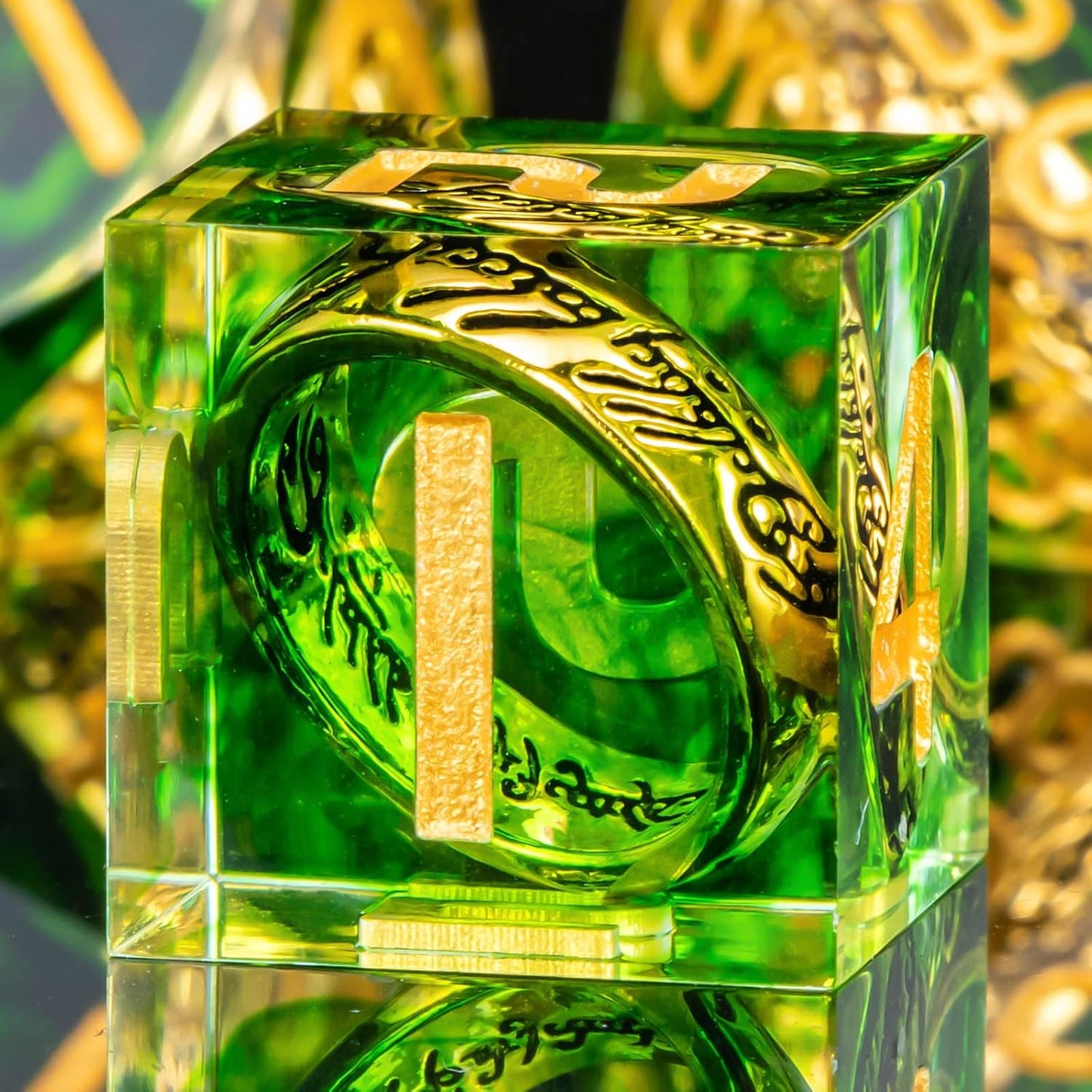 OUKELANWO Magic Lord Rings DND Dice Set with Box, 7Pcs Resin LOTR D&D Dice Set for Role Playing Game, Green Gold Dungeons Dragons D and D Sharp Edge Dice D20 D12 D10 D8 D6 D4