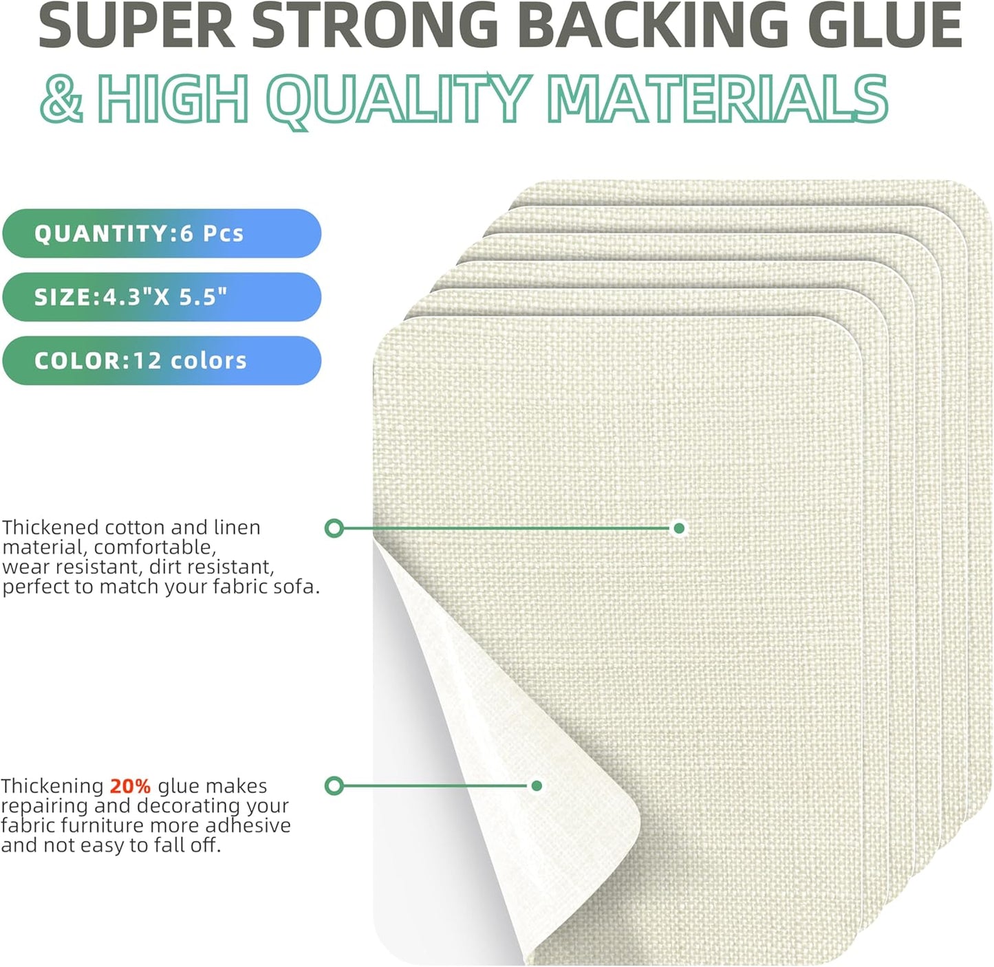 Azobur Coarse Linen Repair Patches, 6 Piece Self-Adhesive Linen Fabric Patches, Multi Color, Can be Used for Linen Sofa Repair and Linen Clothes Repair, Quick Fix Sofa.(Off-White)