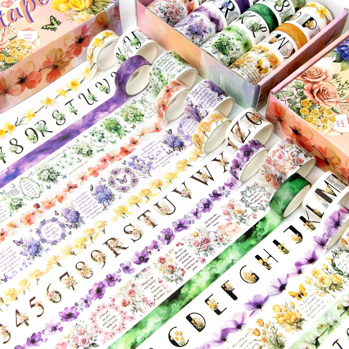 24 Rolls Washi Tape Set - Floral Alphabet Themed Decorative Masking Tape, Adhesive Artists Tape for Journaling Supplies, DIY Craft, Scrapbooking Supplies, Gift Wrapping, School Supplies