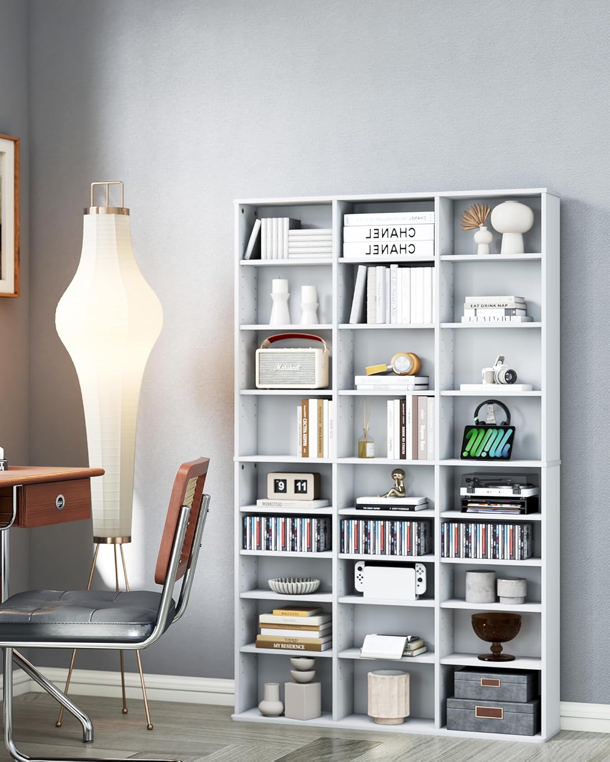 DVD Storage Shelf with Adjustable Shelves, 8-Tier Modern Media Tower for CDs, DVDs, Video Games, DVD Rack Cabinet Organizer for Living Room, Bedroom, Office