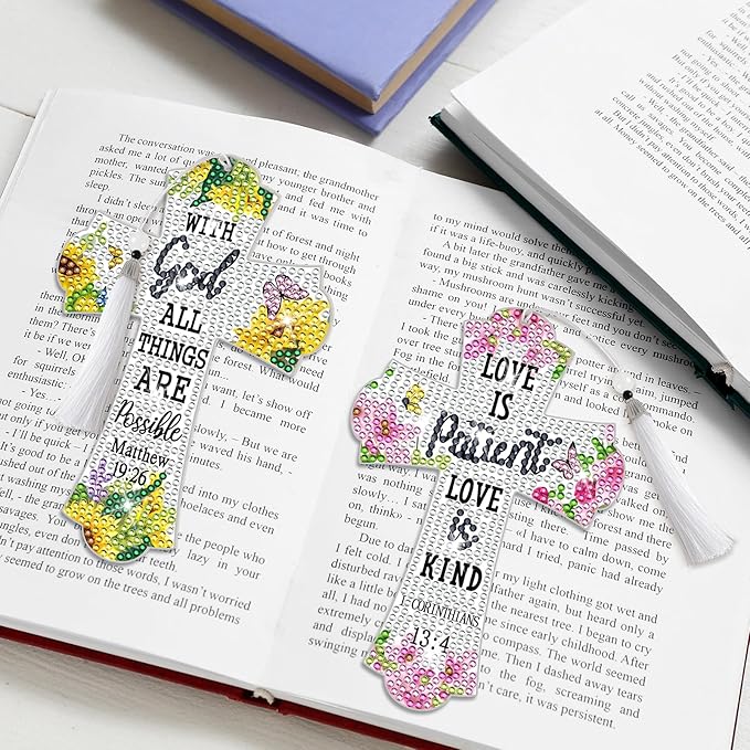 8 Pieces Christian Bible Verse Diamond Art Bookmarks 5d Christian Beaded Bookmark Acrylic Tassel Bookmark for DIY Making Beginners Kids Adults Arts Craft Supplies (Floral)