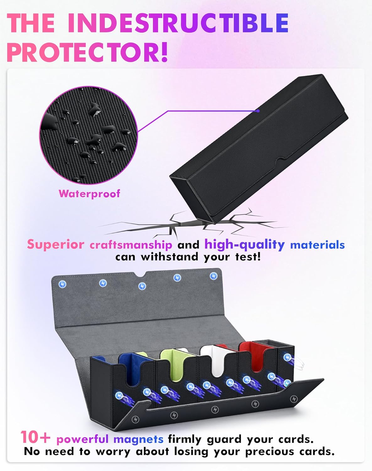 Card Deck Box with Dice Tray for MTG, 5 in 1 Card Deck Case Holds 800+ Unsleeved Cards, Strong Magnet Organizer Compatible with Yugioh TCG Sports Cards (Colorful)