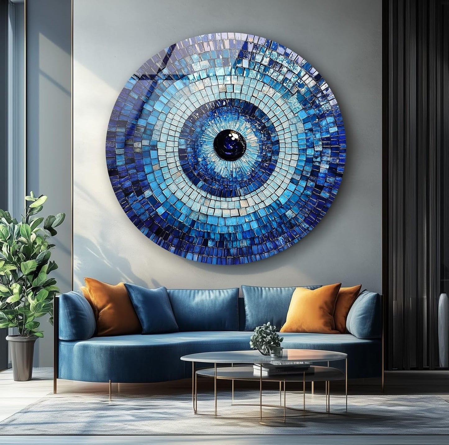 My Photostation.com 24''(60cm) Diameter Blue Mosaic Evil Eye Round Glass Wall Art Tempered Glass Printing Wall Decor Large Wall Art Wall Hangings