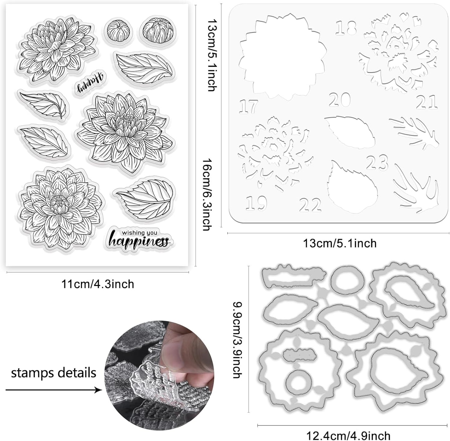 ORIGACH Dahlia Layering Stencil Stamp and Die Set for Card Making, Flower Stencil Template Silicone Clear Stamps and Metal Die Sets for DIY Scrapbooking Photo Album Crafting
