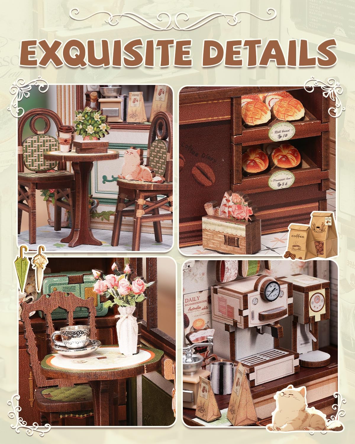 Cutefun Book Nook Kit - DIY Miniature Coffee Shop Dollhouse Kit for Adults and Teens, 3D Wooden Cafe Puzzle Mini House Building Kit with LED Bookshelf Insert Decor Creative Gifts (Sunny Cafe)