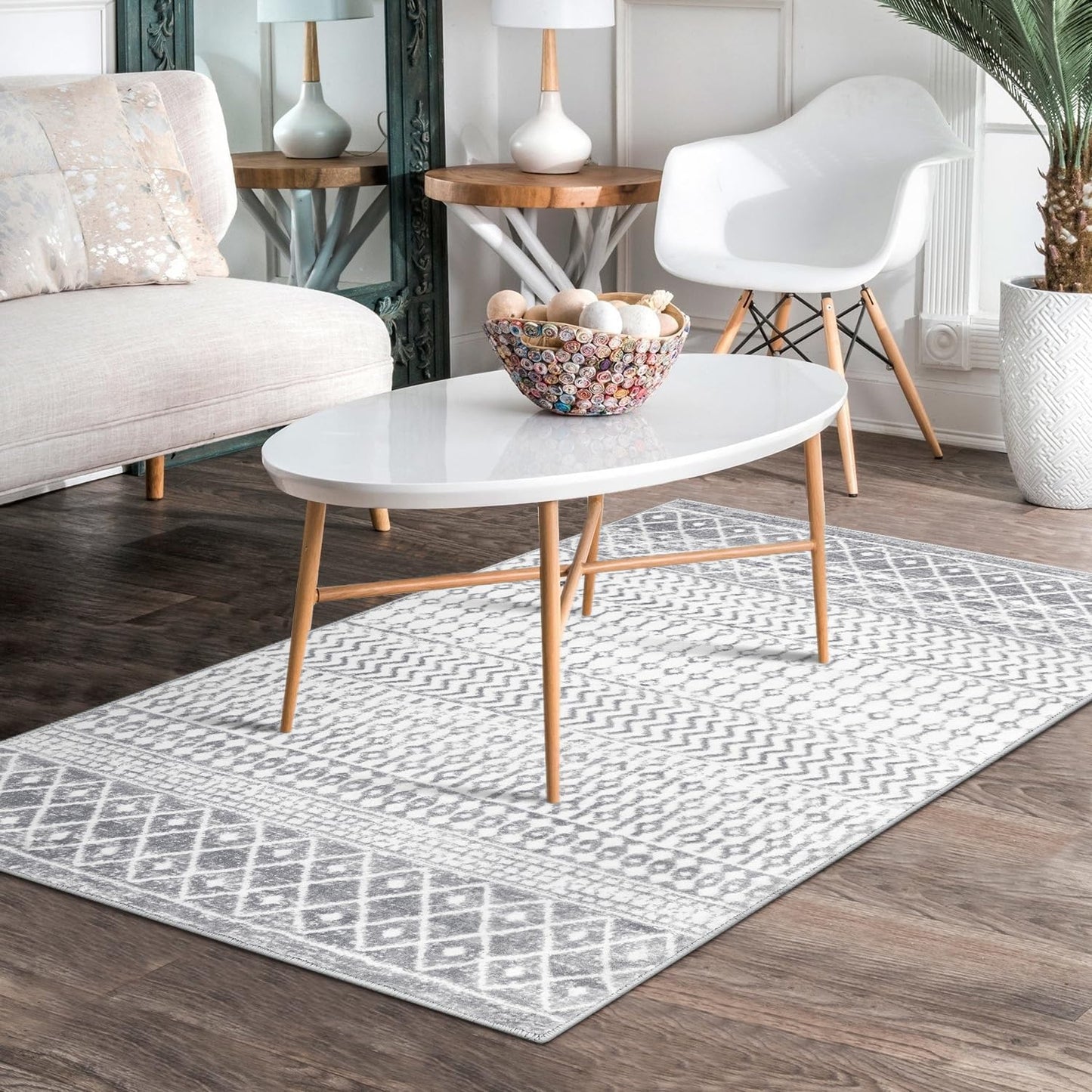 Boho Rug for Bedroom, 3x5 Moroccan Vintage Non-Slip Backing Faux Wool Area Rug, Machine Washable Low-Pile Front Door Mat Kitchen Rugs for Living Room Laundry Dinning Room