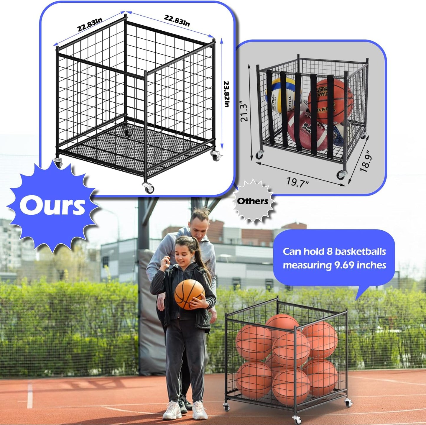 Ball Storage - 22.83" Basketball Cart With Wheels Garage Volleyball Storage Sport Equipment Holder Organizer For Indoor Outdoor,Metal Storage Rack For Playgroup,Gym And School
