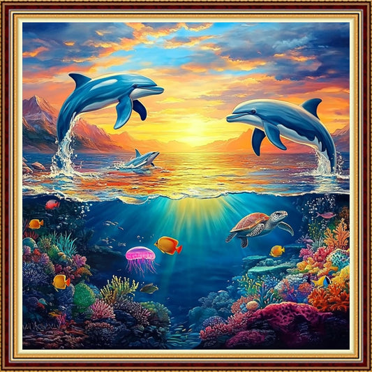 Hopeart Stamped Cross Stitch Kits for Beginner Embroidery Kits for Beginners Adults DIY 11CT Cross Stitch Patterns Needlepoint Kits Crossstitching Kits-Sunrise Dolphin 18x18 inch