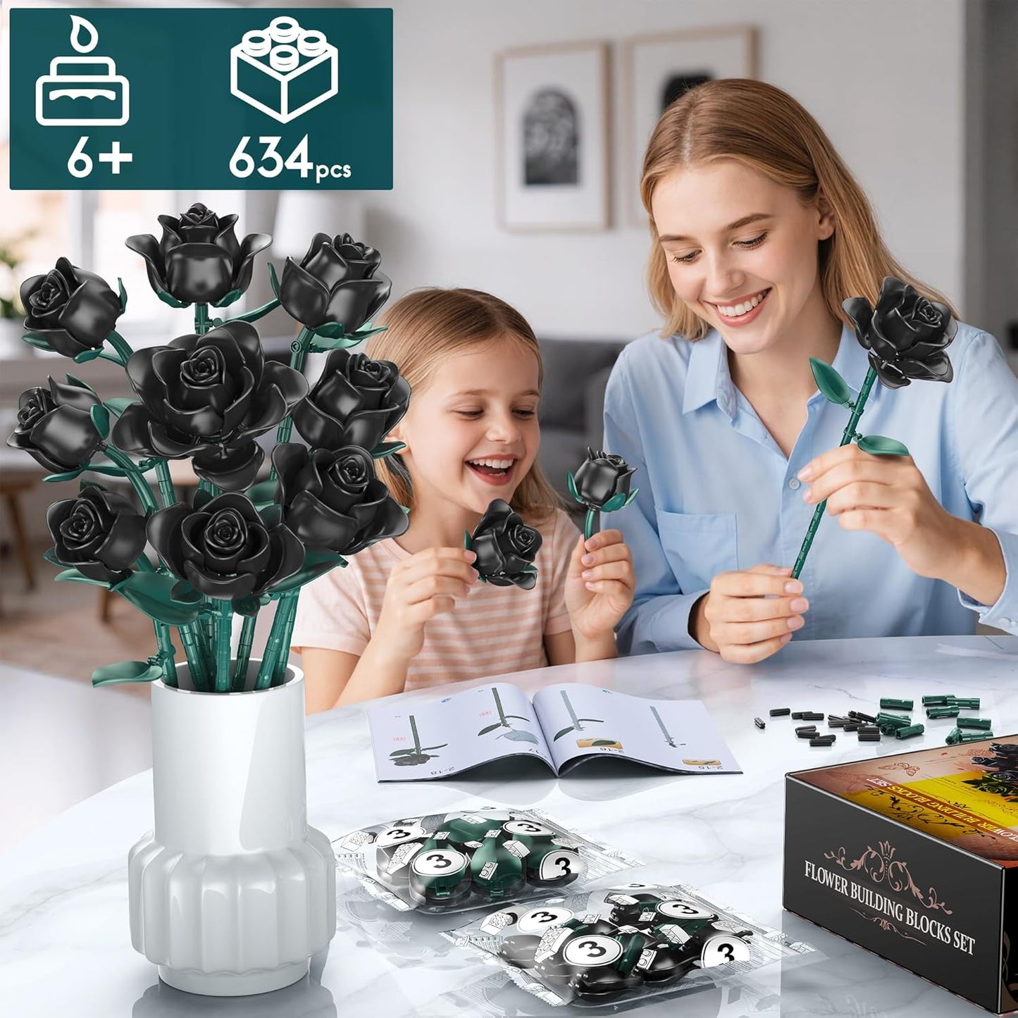 Black Roses Bouquet Building Set, 634Pcs Artificial Rose with 3 Blooming Stages, DIY Floral Home Office Decor for Adults & Kids Ages 6+, Gift for Birthday Valentine's Day Halloween Christmas