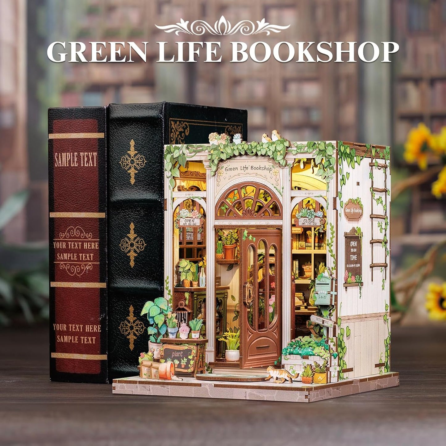 Fsolis Book Nook Kit, 3D Wooden Puzzles for Adults, 196 pcs, DIY Miniature Puzzle Room Kit Tiny House Bookshelf Decor Gifts for Women Teenagers Book Lovers (Green Life's Bookshop)