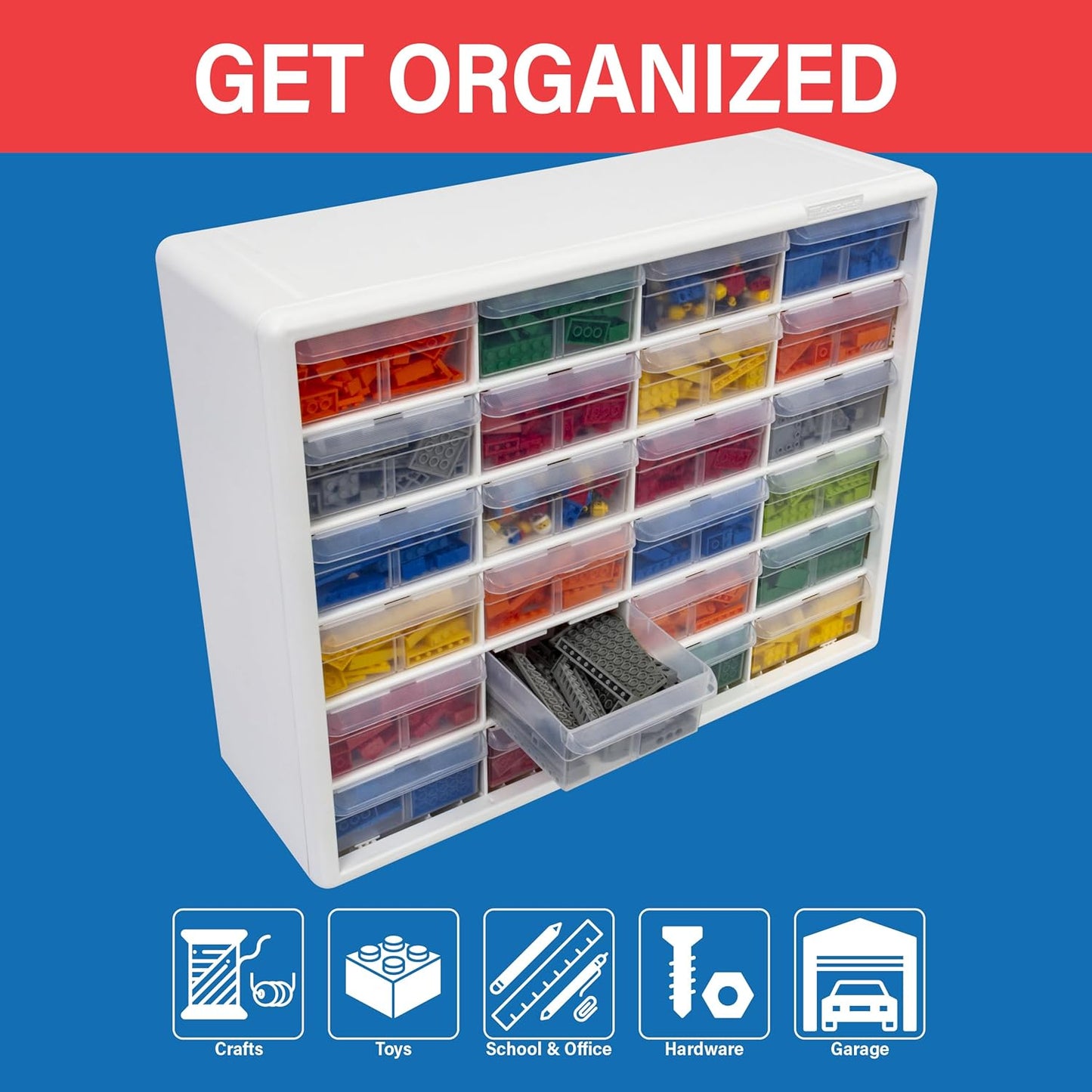 Akro-Mils 24-Drawer Plastic Drawer Storage Cabinet for Garage Organization, Bead Organizer, Building Bricks Storage, Teacher Toolbox, Makeup Organizer, 20" W x 6" D x 16" H, 10124 White