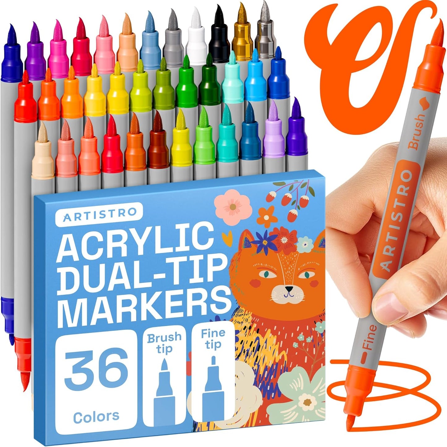 ARTISTRO 36 Dual Tip Brush + Fine Acrylic Paint Markers - Easy for All Ages & Levels Paint Pens for Fabric, Rock, Glass, DIY - Halloween Pumpkin Painting Kit, Art Supplies, Christmas Gift