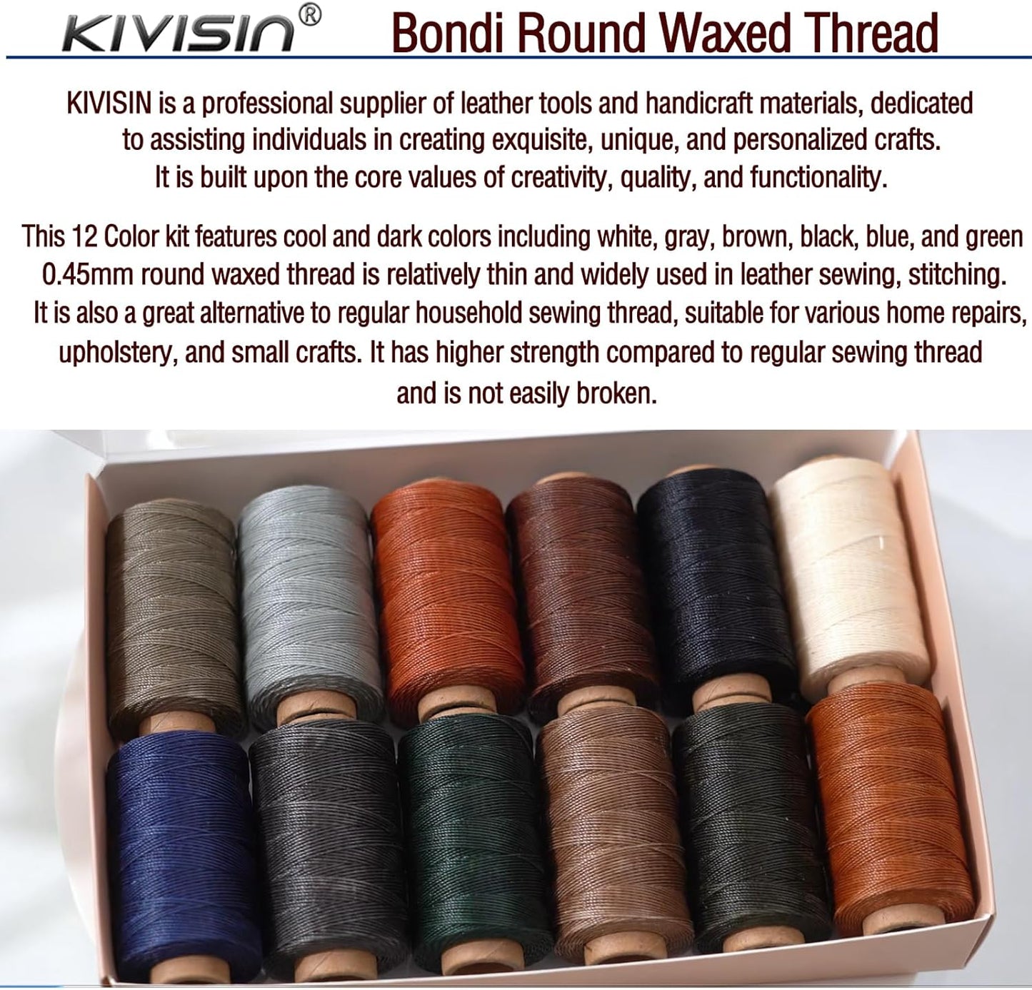 Round Waxed Thread 0.45mm 12 Neutral Colors, Thin Cord Wax Coated 3 Ply Polyester Strings 115 Yards/Spool for Leather Upholstery Sewing, Stitching, Bookbinding, Beading, Macrame Braiding