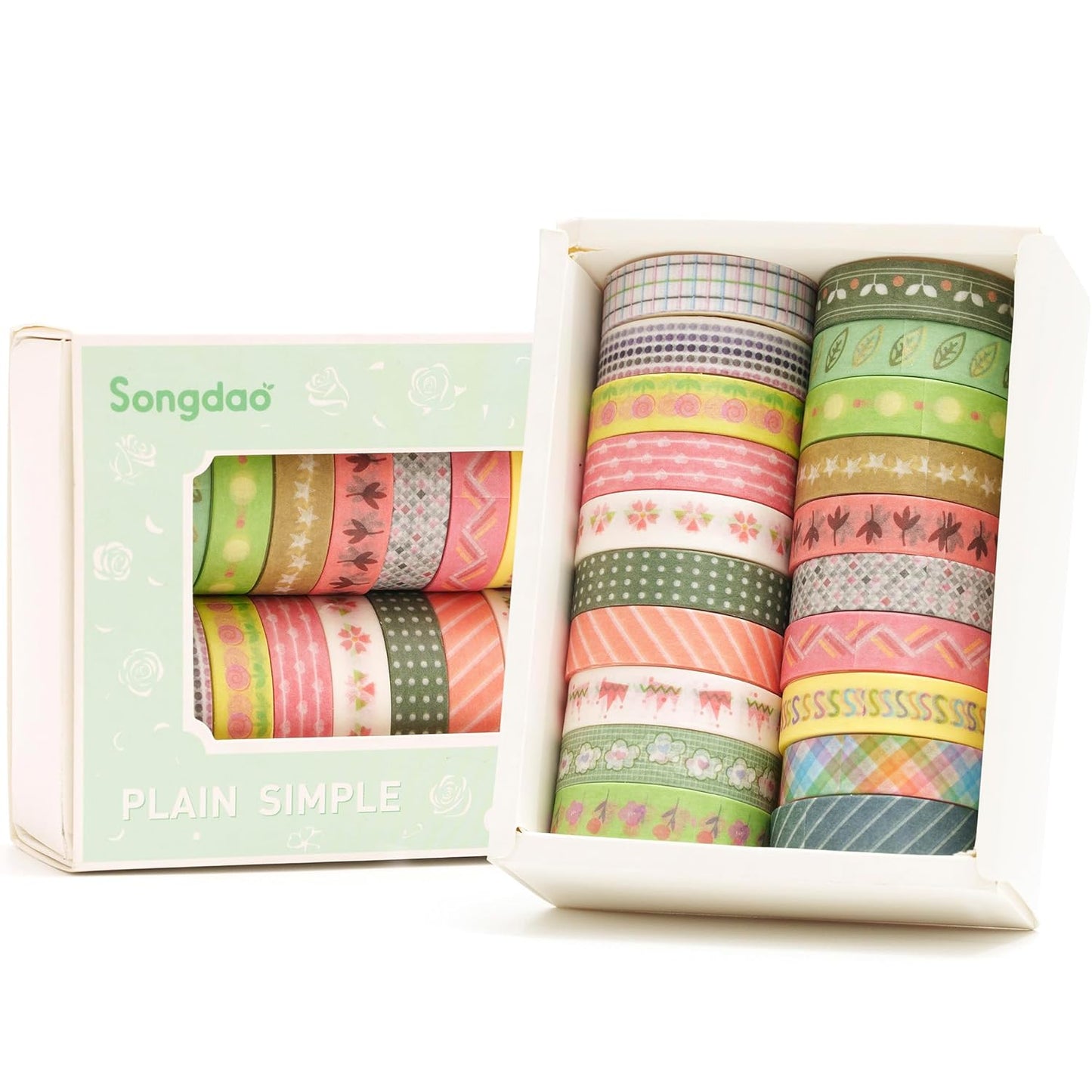 20 Rolls Basic Washi Tape Set Japanese Arts Adhesive Tapes Simple Patterns Decorative Masking Tape Sets for Craft, Kids, Scrapbook, DIY, Gift Wrapping (Style Five)