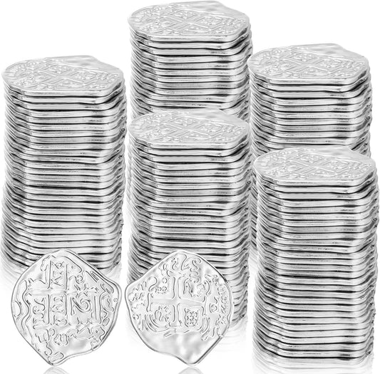 Hanaive 100 Pcs Pirate Coins Plastic Kids Fake Play Coins Replica Spanish Doubloons for Pirate Party Treasure Chest Board Games Tokens Toys Cosplay St. Patrick's(Silver)