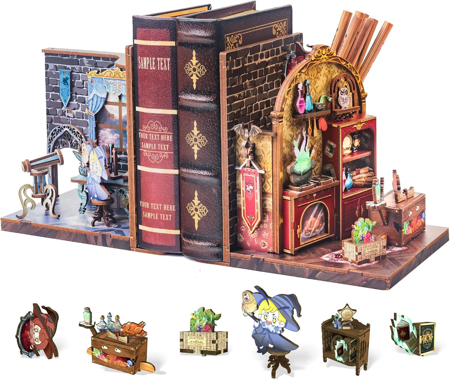 Cutefun 2Pcs Book Nook Kit, DIY 3D Wooden Puzzles for Adults and Teens, Bookends Decorative for Shelves Book Nook Kits for Adults, Bookshelf Decor Gifts for Friend (University of Miracle)