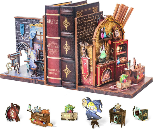 Cutefun 2Pcs Book Nook Kit, DIY 3D Wooden Puzzles for Adults and Teens, Bookends Decorative for Shelves Book Nook Kits for Adults, Bookshelf Decor Gifts for Friend (University of Miracle)