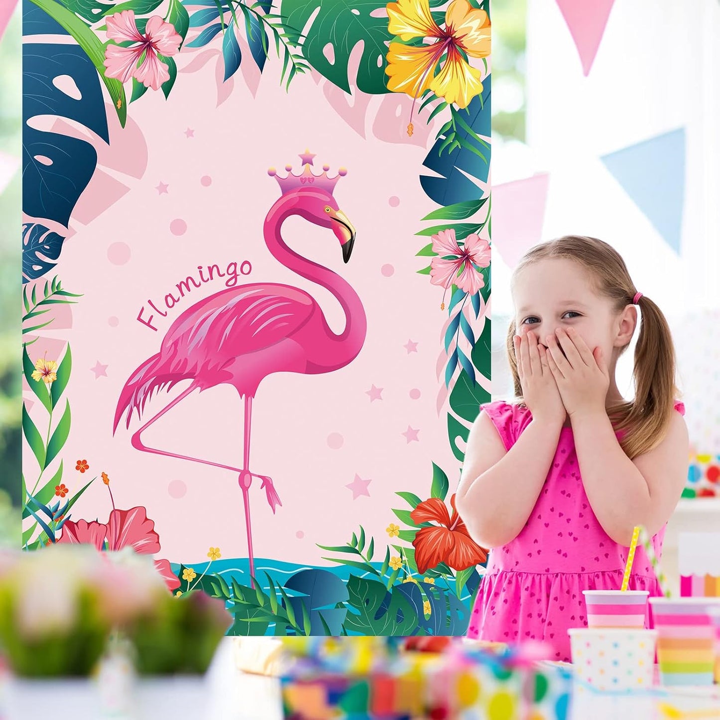ASTARON Pin The Crown on The Flamingo, Flamingo Theme Party Game with 24 Crown Stickers for Birthday Party and Hawaiian Luau Tiki Party Supplies