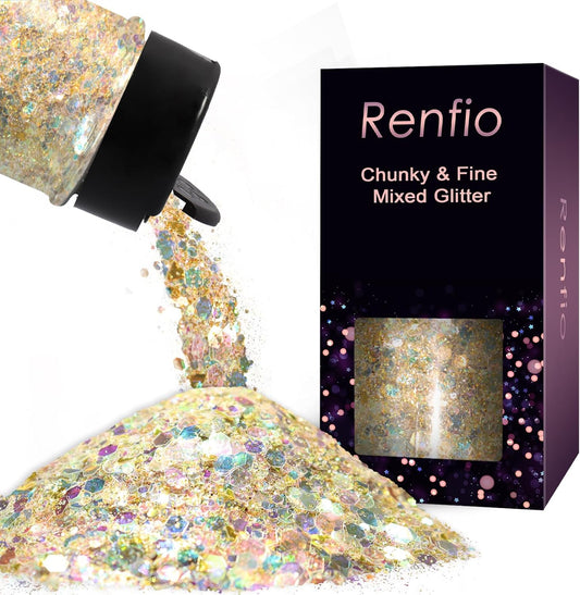 Renfio Opal Chunky Glitter, 1.75oz/50g Glod Glitter, Dreamy High Sparkle Glitter for Crafts Holographic Fine Glitter Mix Iridescent Glitters Flake for Resin Nails Hair DIY Snow Globe - Autumnal Lake